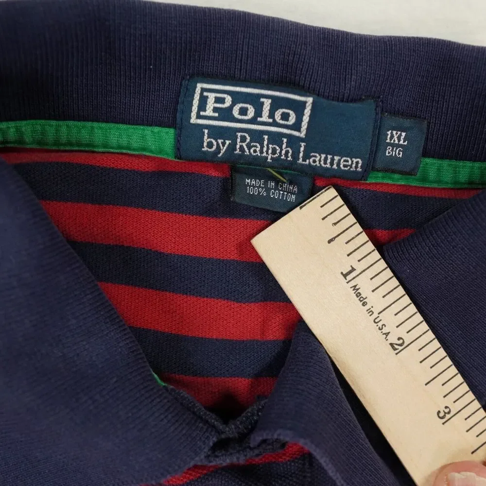 Vintage Polo Ralph Lauren Shirt Mens 1XL BIG Red Navy‎ Blue Striped Polo READ